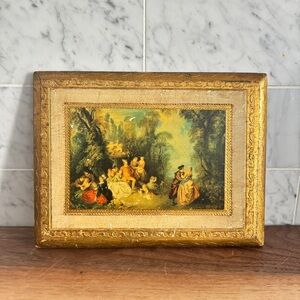 Vintage Florentine Tole Wood Wall Plaque, Rococo Party Scene
